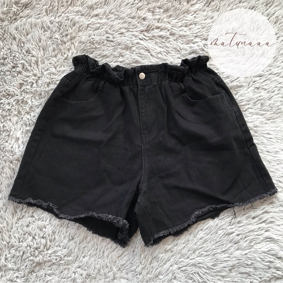 Princess Polly Open Road Denim Paper Bag Shorts in Washed Black 10 - Picture 1 of 4